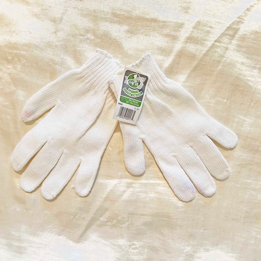 GLOVES, HAND PROTECTION, MEN'S ONE SIZE, WHITE, 70% NYLON 30% POLYESTER, BY HUC